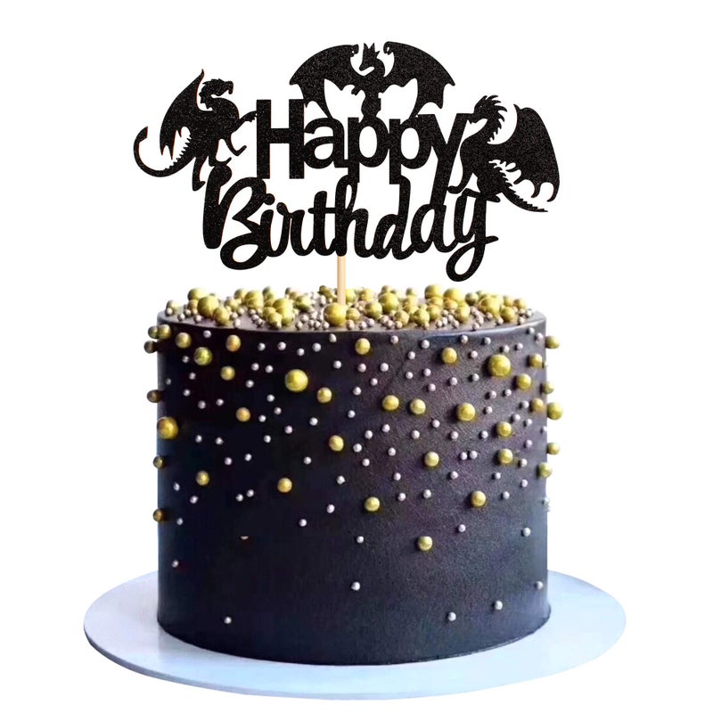 Ercadio 1 Pack Dragon Happy Birthday Cake Topper Black Glitter Dinosaur Cake Pick Decoration for Dragon Theme Birthday Party Supplies - Image 1